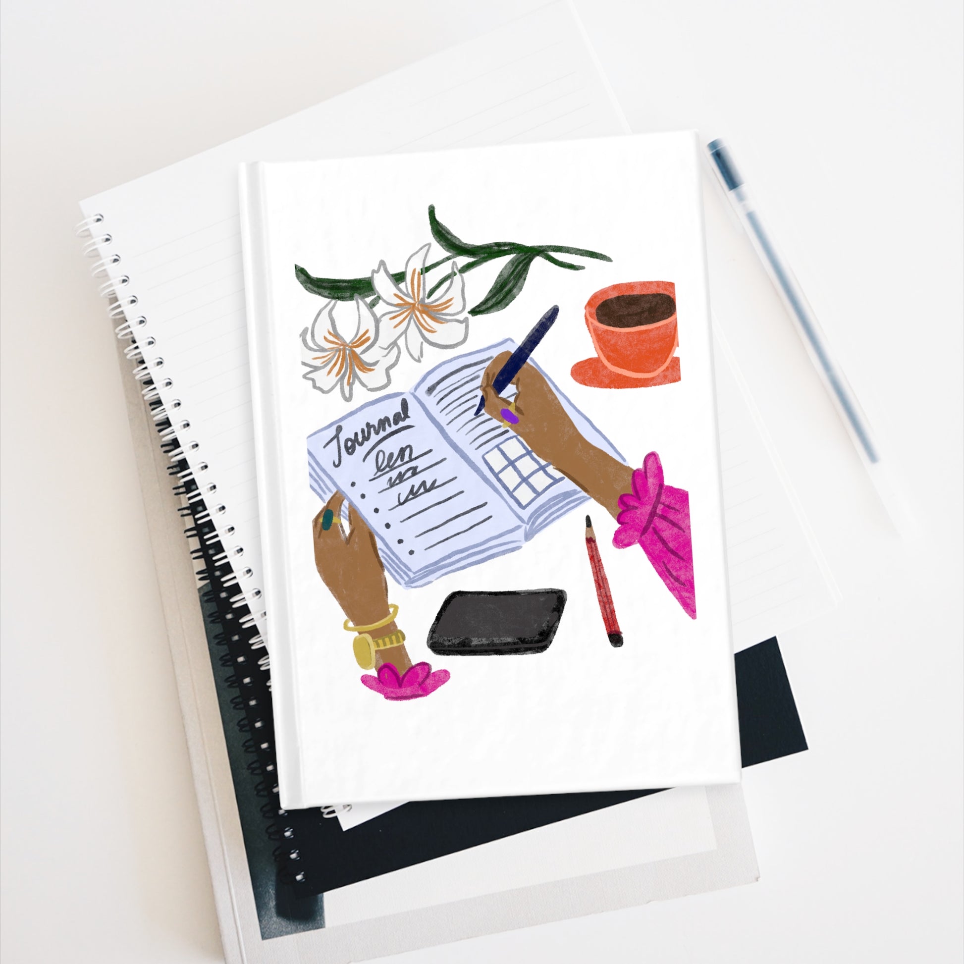 "Elegant lady writing in a journal with a cup of tea and a flower - Blank Journal Cover"